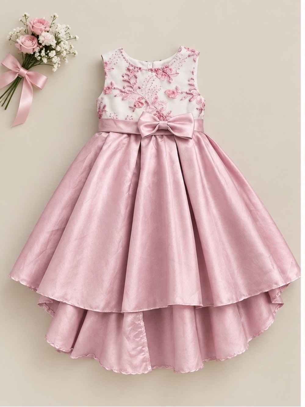 Elegant Pink Floral Embroidered High-Low Girls Dress with Bow 5/6 Y